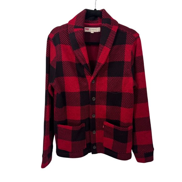Levi's Trouss Sweater Mens Small Red Black Buffalo Plaid Polyester Fleece‎ Lined - Picture 1 of 9